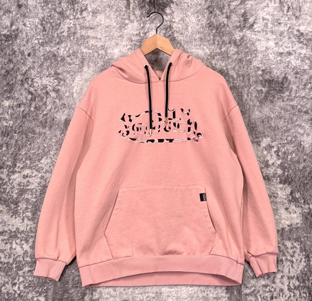 Von Dutch Hoodie Medium Womens Pink Script Embroidered Fleece Pullover